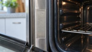 The silver rating plate of a built-in oven with the model number area visible but unreadable