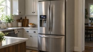 A French door refrigerator with its display showing an unreadable fault code