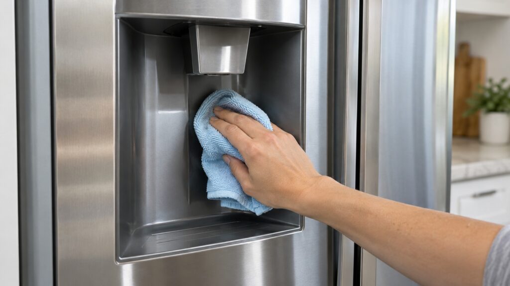 A hand wiping the inside of an ice dispenser chute with a soft cloth
