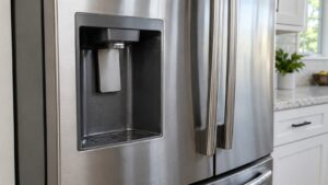The exterior ice and water dispenser recess of a stainless French door refrigerator