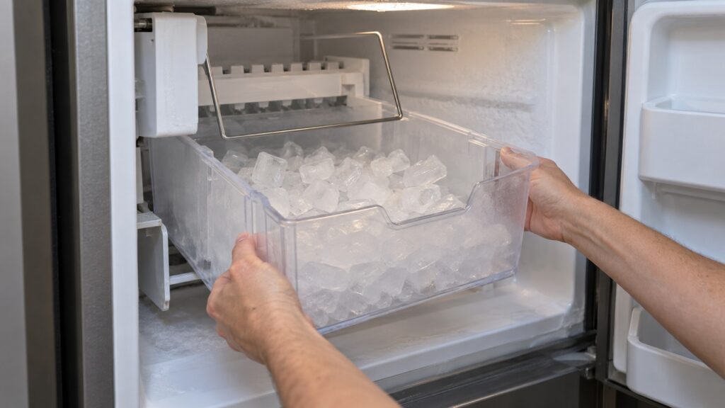 Hands lifting a clear plastic ice bin out of a freezer with loose ice cubes inside and the wire arm raised above it