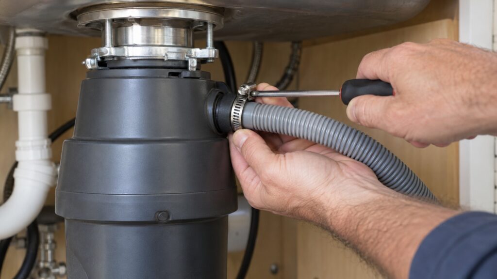Hands tightening a screw-type clamp around a corrugated drain hose on the side inlet of a garbage disposer under a kitchen sink