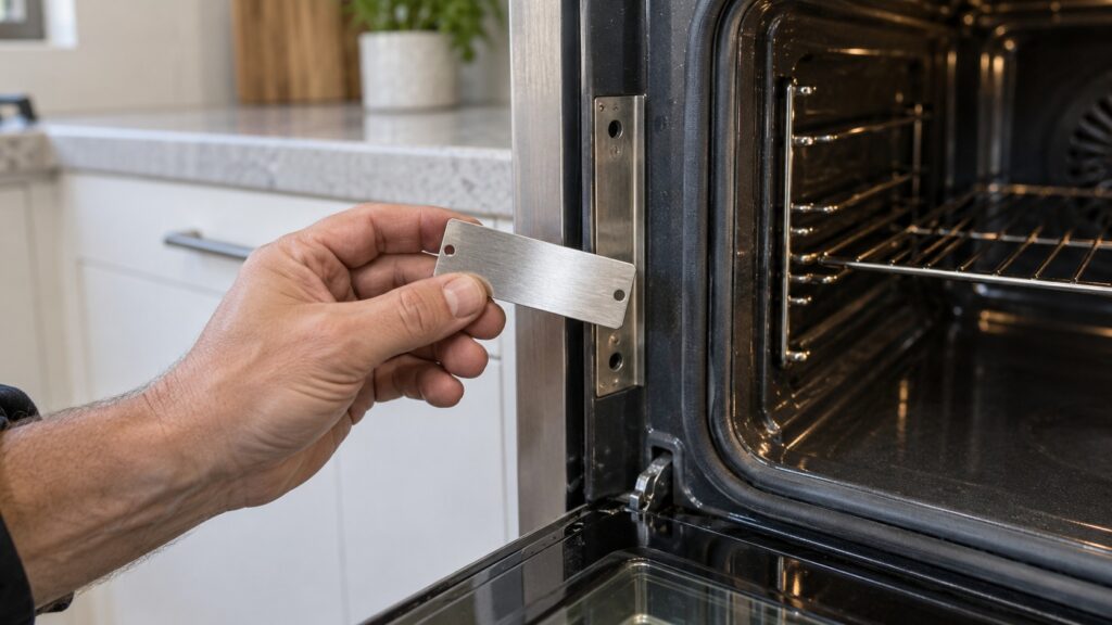 A hand holding a small metal rating plate beside the open door frame of an oven, its printing too small to read