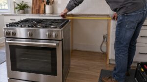 A kitchen with an empty cabinet opening where a stainless steel range has been pulled forward, with a tape measure stretched across the gap