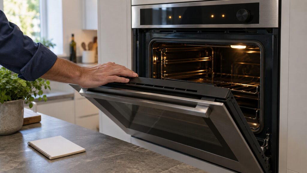 A hand resting on the open door of a wall oven beside its lit control display, with a small notepad on the counter below
