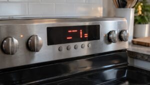 A close view of a range control panel in a kitchen with its display lit and an unreadable fault code glowing on it