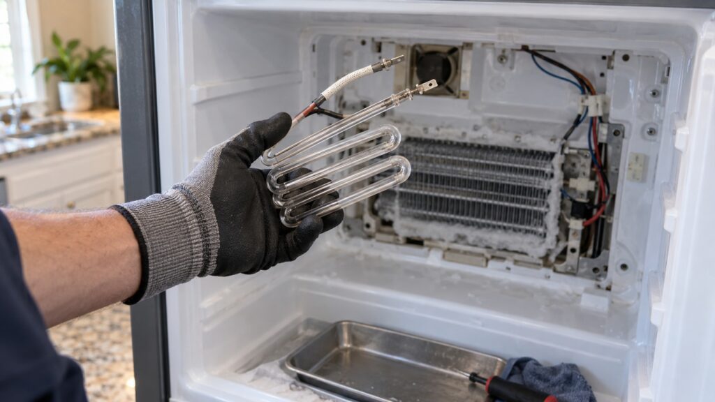 A gloved hand holding a coiled glass-tube defrost heater element above the opened rear panel of a refrigerator freezer