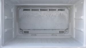 The back wall of an open freezer compartment with a light coating of frost on the evaporator cover and a few droplets of meltwater