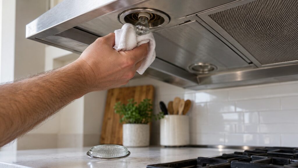 A hand wrapped in a clean cloth removing a small glass bulb from a socket beneath a range hood with the lens set aside