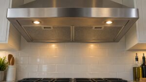 The underside of a stainless steel range hood above a cooktop with its two small lights glowing warmly