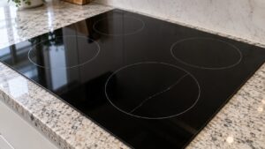A black glass-ceramic cooktop surface set into a stone countertop with a single thin crack running across one cooking zone