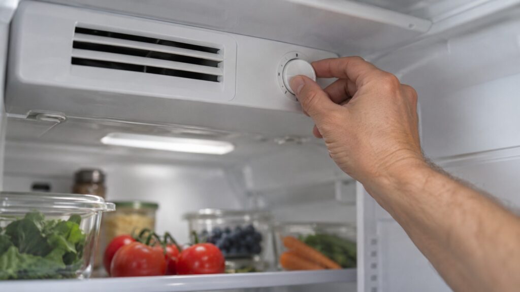 A hand turning a temperature control dial inside a refrigerator beside the air vent at the top of the fresh food compartment