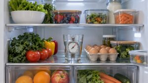 The interior of a refrigerator with neatly arranged shelves of food and a small dial thermometer standing in a glass of water on the middle shelf